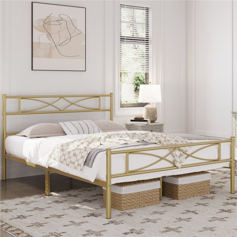 Anelis Metal Bed Frame Platform with Curved Design Headboard & Footboard, Full, Antique Gold