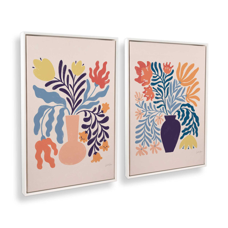 «Playful Garden Vase», ensemble de 2, reproduction sur toile, Cadre flottant blanc opaque, H 36,75 po x l 24,75 po