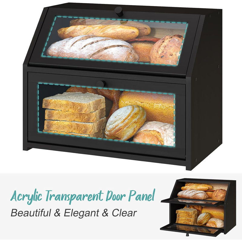 Black Bamboo Double Layer Bread Storage Box with Acrylic Panels
