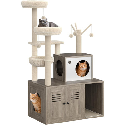 Modern Cat Tree w/ Hidden Litter Box Enclosure - 55 Inch Cat Tower w/ Hammock, Sisal Scratching Posts, Perches & Toys, All-in-One Wooden Cat Furniture