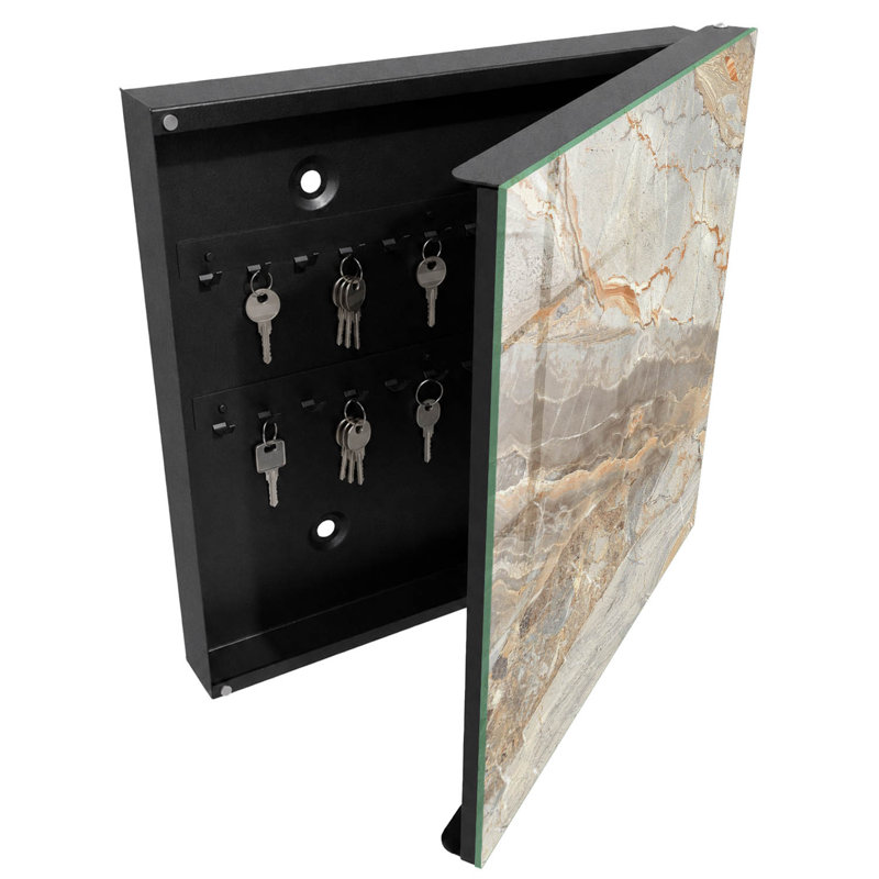 Key box for wall, Opens to the left, 30x30x5, Black, Gray and beige patterns with a marble effect, 