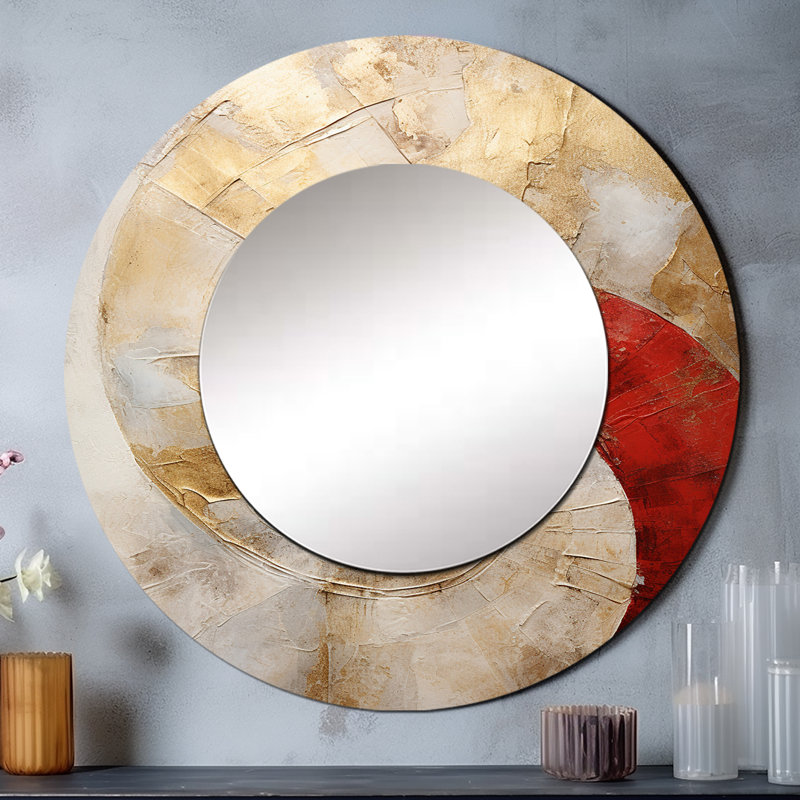 Beige rouge minimalisme spirales poteries I - grand miroir spirales abstraites, miroir mural décoratif moderne, art imprimé en métal