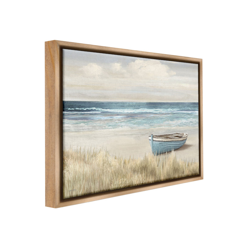 «Boat On Grassy Shore Floater Frame» par Amber Sterling sur toile, Cadre flottant orme Montalcino, H 25 po x l 31 po