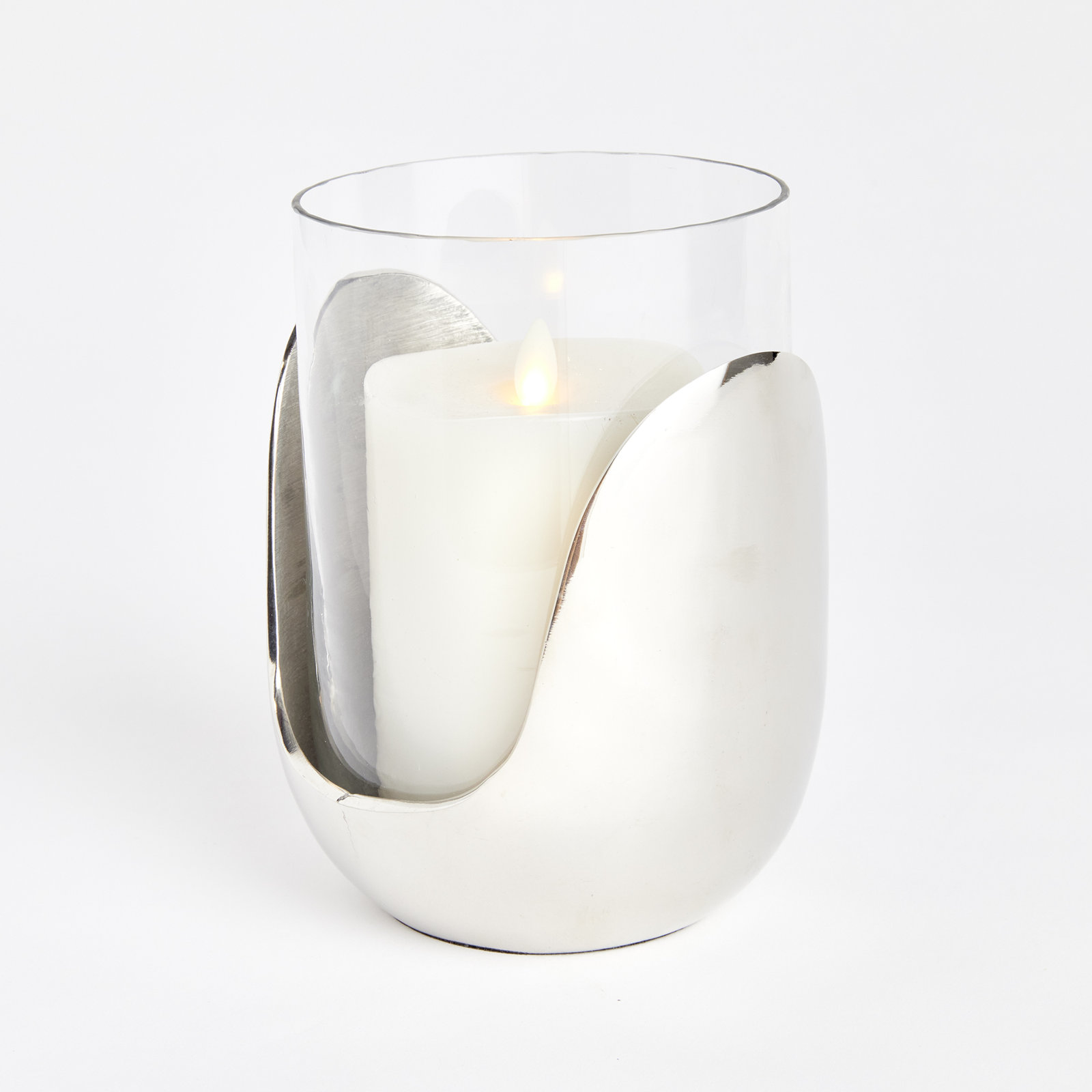 Glass Hurricane Candle Holder, 7" H x 5.5" W x 5.5" D, Silver