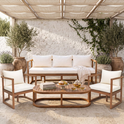 Ensemble de conversation de patio en bois d'acacia 4 pièces, canapé d'extérieur avec canapé 3 places, fauteuils, table basse et coussin épais