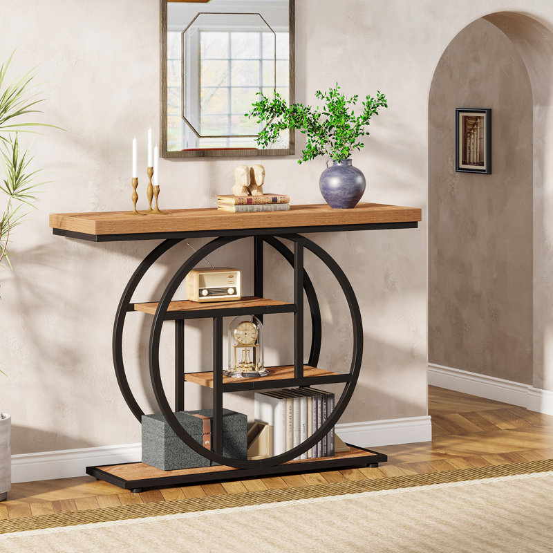 105 Cm Console Table with Storage Shelves, Light Brown, Black