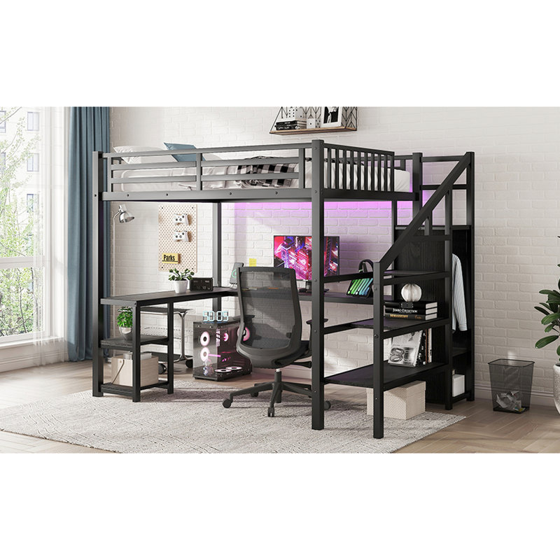 Metal Full Size Loft Bed With Wardrobe, Desk, Port And Adjustable Brightness Led - Black For A Intriguing Bedroom