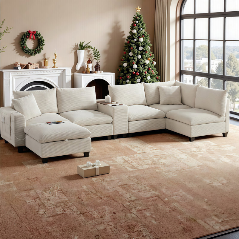 Canapé modulaire moelleux en forme de U avec repose-pieds mobile, chargeur USB et console de rangement - luxe modulaire
