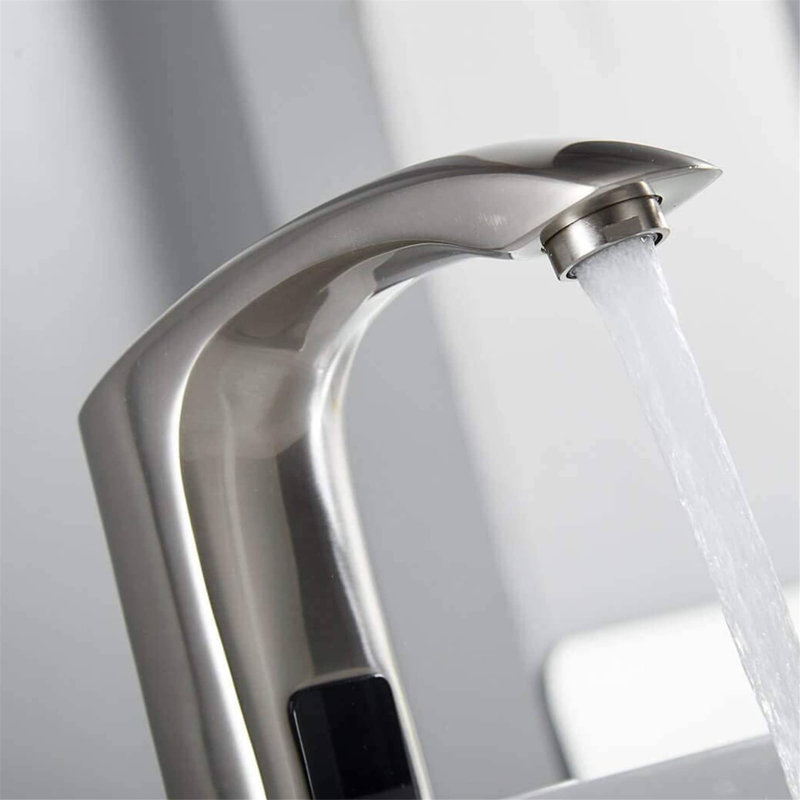 Robinet de lavabo de salle de bain sans contact à un seul trou avec robinets de mélangeur en laiton massif, Nickel