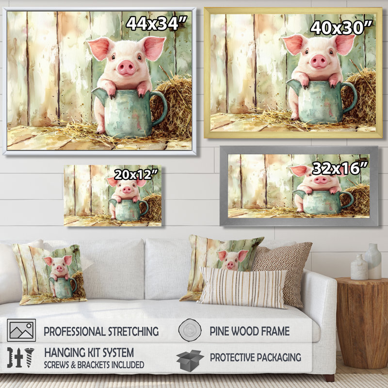 «Milk and Pig Portrait At The Farm II», reproduction d'art sur toile cochon, H 24 po x l 32 po, Cadre doré simple