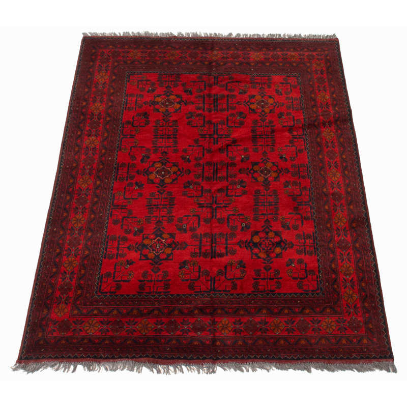 Tapis rouge foncé en laine noué à la main de conception unique 4 pi 11 po x 6 pi 7 po Ioves
