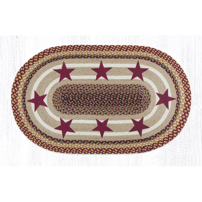  Burgundy Stars Oval Rug Hand-Braided Jute Mat with Primitive Patch Accents in Country Burgundy
