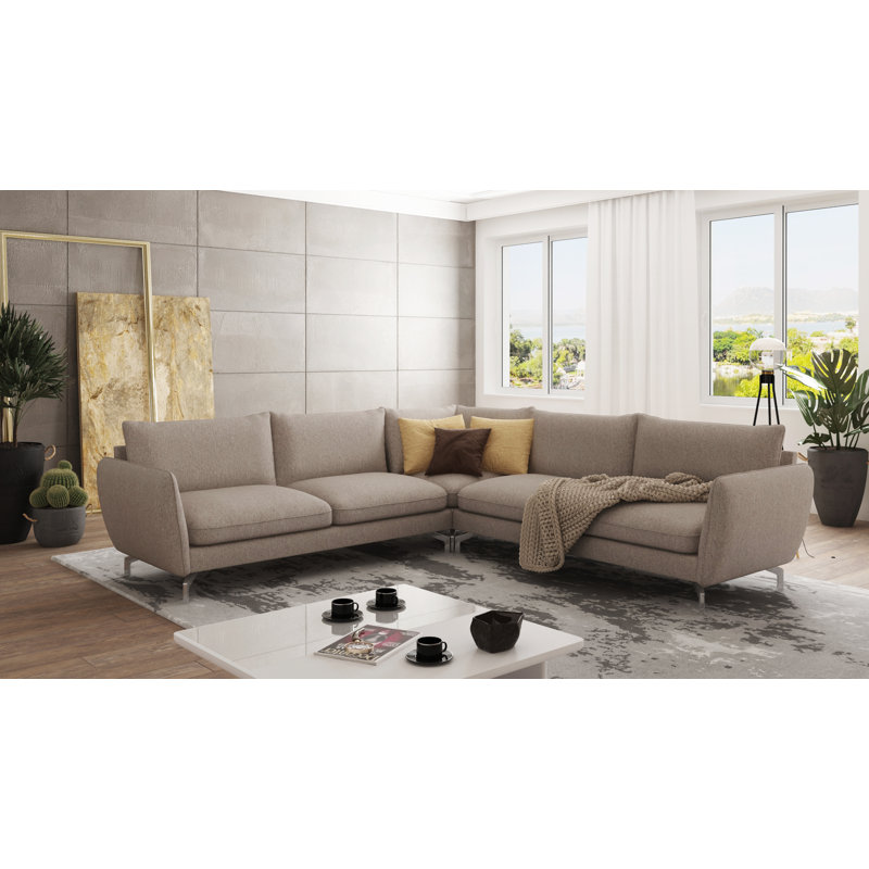 Modern L-Shape Corner Sofa  with Silver Metal Legs, Dark Beige