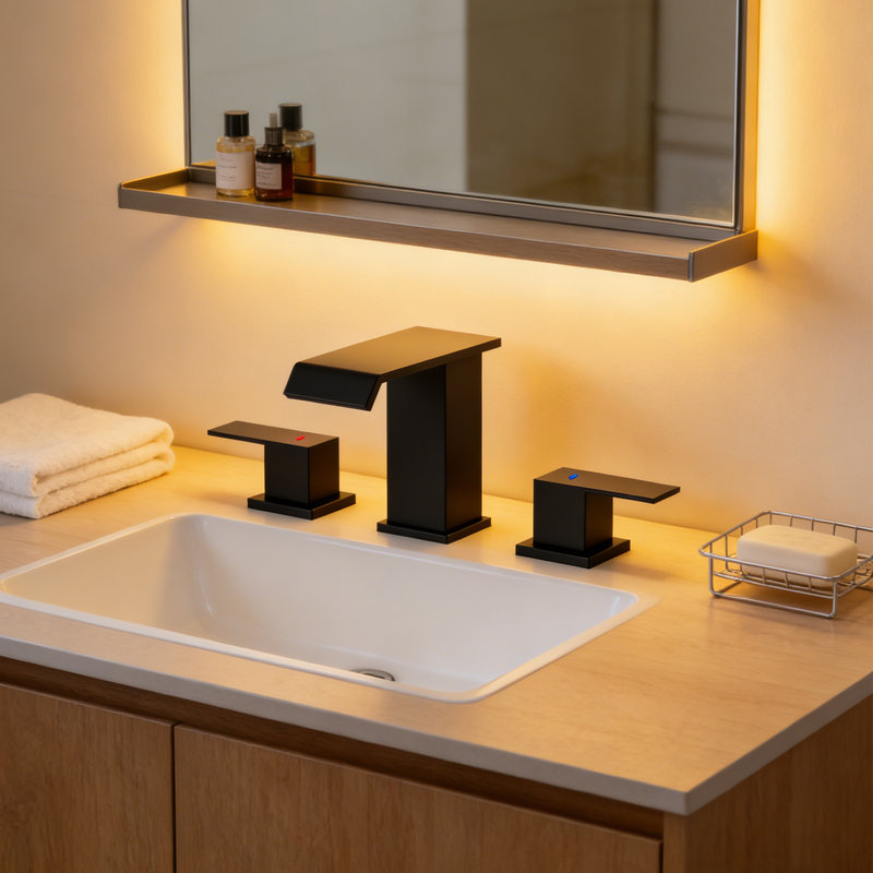 Widespread Bathroom Faucet 3 Hole, 2-Handle Bathroom Sink Faucet with Drain Assembly, Matte Black