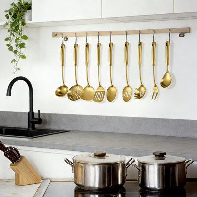 Ensemble 9 pièces d'ustensiles de cuisine en acier inoxydable 304 - Écumoire, louches, spatules, fourchettes et cuillères