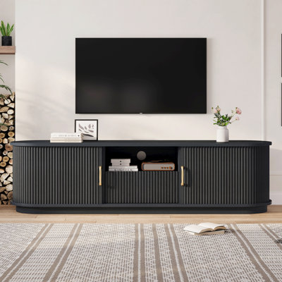 Tv Stand For Tvs Up To 75", Sliding Fluted Door Media Console, Rounded Edge Design, Modern Farmhouse, Living Room