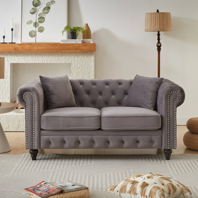 63.5" Modern Design Chesterfield Sofa, Velvet Sofa With 2 Pillows, Upholstered Fabric And Wood Legs