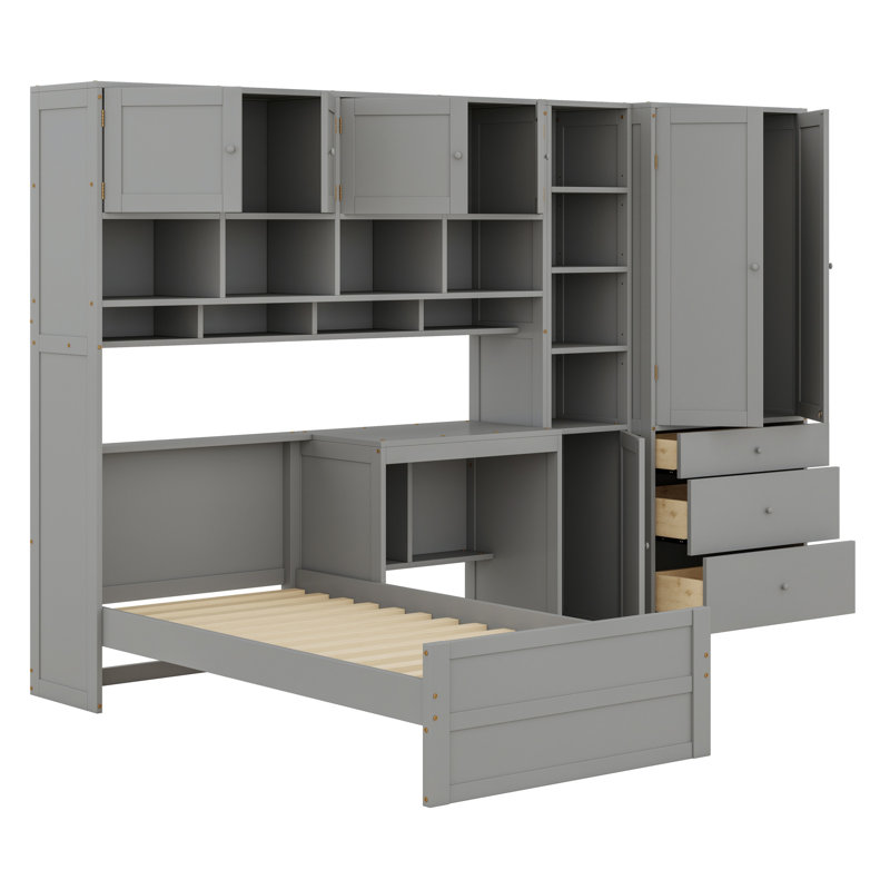 Lit plateforme tout-en-un avec bureau intégré, armoire, armoires et tiroirs de rangement, Gris