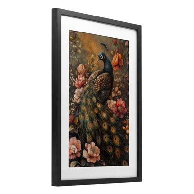 «Red Morris Inspired Peacock», reproduction sous verre encadrée, design par Petal Prints Design