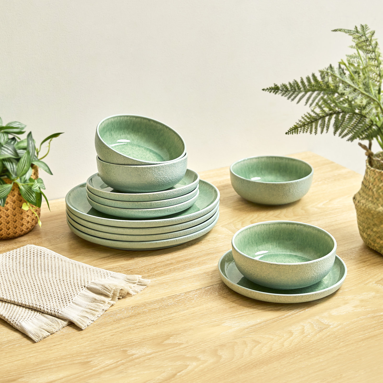 Sango Asher 12-Piece Stoneware Dinnerware Set – Service for 4, Plate & Bowl Set, Green
