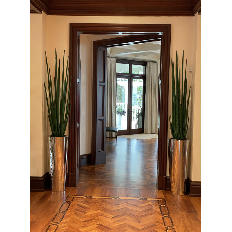 Faux Snake Plant (Sansevieria) Plant in Metal Planter, Stainless Polished