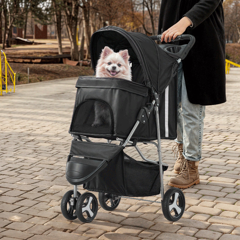 Foldable Pet Stroller, 3 Wheels Folding Carrier Jogger Stroller for Dogs Cats with Canopy and Basket, Black/Solid