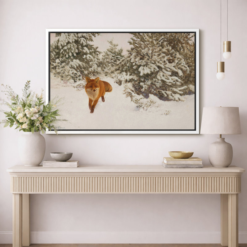 Renard dans une forêt de pins enneigée, chambre à coucher, impression sur toile encadrée, H 16 po x l 24 po