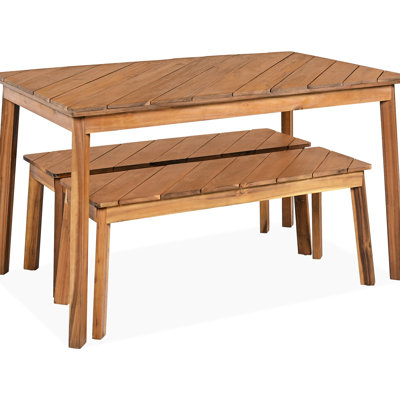3 - Piece Dining Of Wood With 2 Benches, For Outdoor & Indoor Areas, Distinctive Diagonal Grained Design, Quick And Effortless Assembly, Stable On All Grounds Pieces Spaces, Modern Fast Uneven
