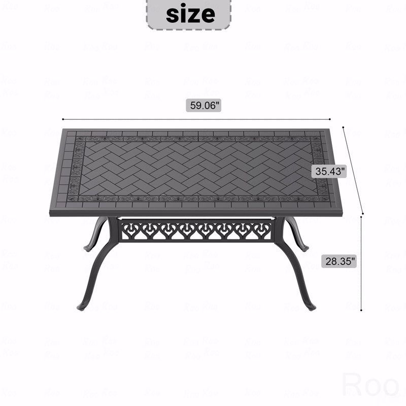 Cast Aluminum Patio Dining Table, With Black Frame And Carved Texture On The Tabletop