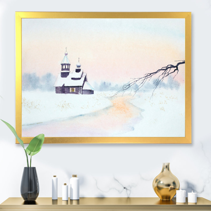 Paysage d'hiver avec rivière et église en bois - Peinture sur toile, H 30 po x l 40 po, Cadre doré à coins fermés