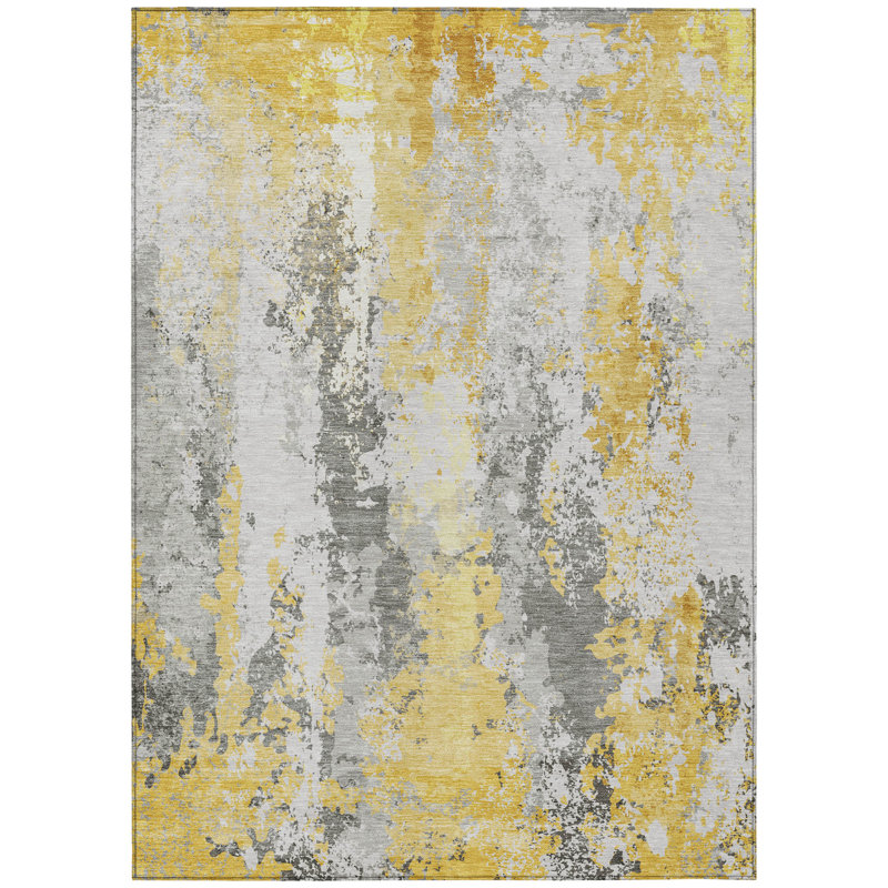 Machine Washable Indoor/Outdoor Xhevrie Yellow Rug, Rectangle 5' x 7'6"