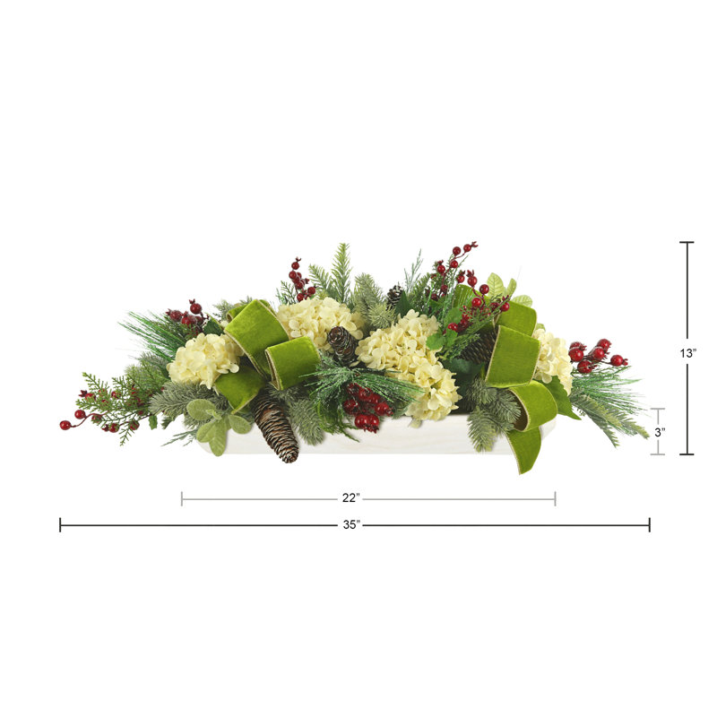 Holiday Arrangement with Hydrangeas, Ribbons and Berries