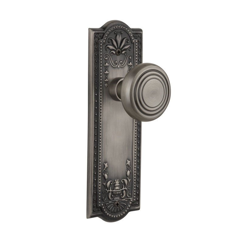 Deco Interior Mortise Door Knob with Meadows Long Plate, 2 1/4, Antique Pewter