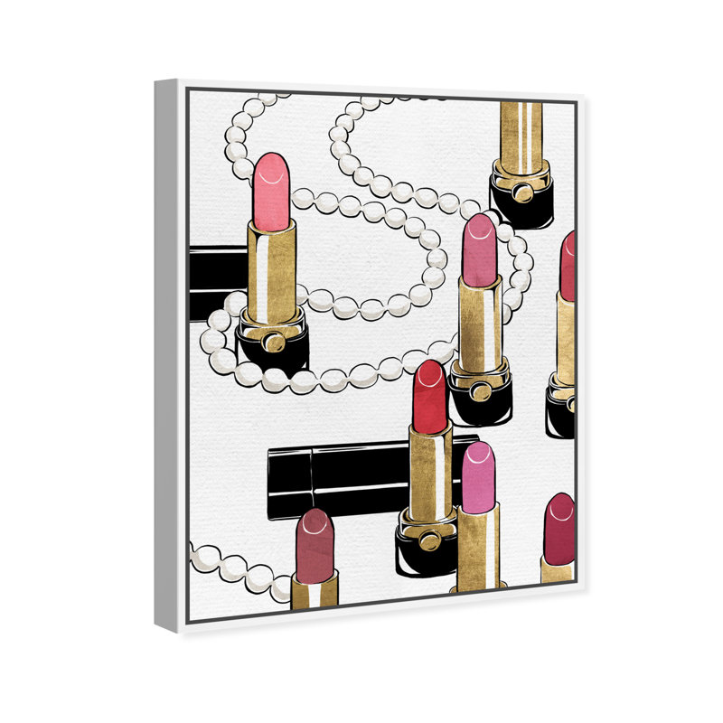 Rouge à lèvres et perles, maquillage - impression, H 36 po x l 24 po, Cadre en bois blanc
