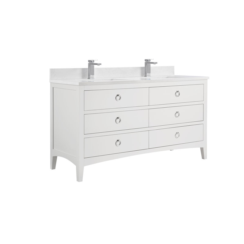 Meuble-lavabo double 60 po en bois massif avec plateau en pierre reconstituée 1 po, Chrome poli, Blanc