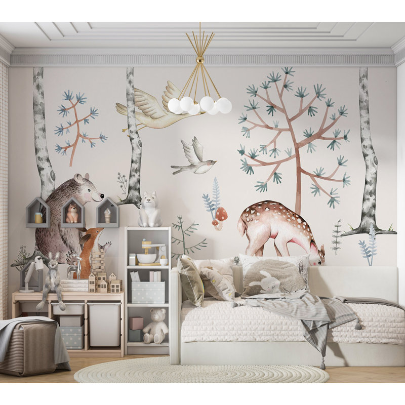 Adhésif mural pelez et collez les enfants - Aquarelle forêt avec des animaux, L 57 po x L 41 po