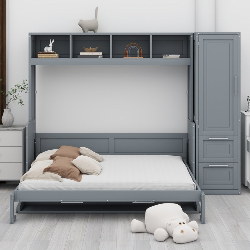 Lit escamotable Murphy avec placard et tiroirs, gris