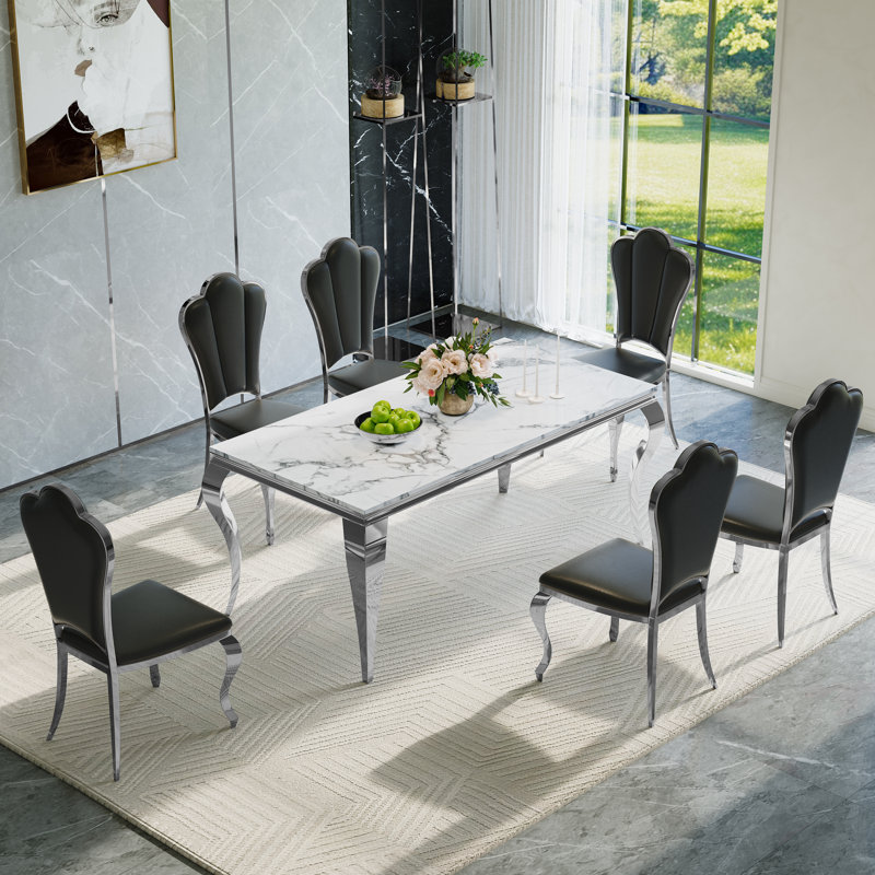 7-Piece Modern Dining Table Set with Faux Marble Top and Upholstered Chairs – Rectangular Table for 6, Stainless Steel Legs