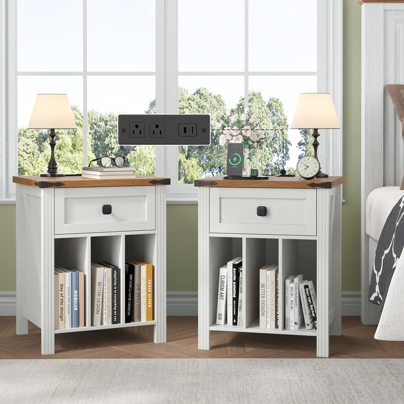 Night Stand Set 2 With Charging Station, White/Brown, Set of 2