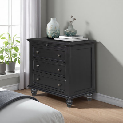 28''Nightstand With Pine Wood Veneer , Fashion Bedside Cabinet With 3 Drawers And Pull-Out Tray, Minimalist Sofa Side Table With Rubber Legs And Metal Handle For Bedroom Sofa Couch Office