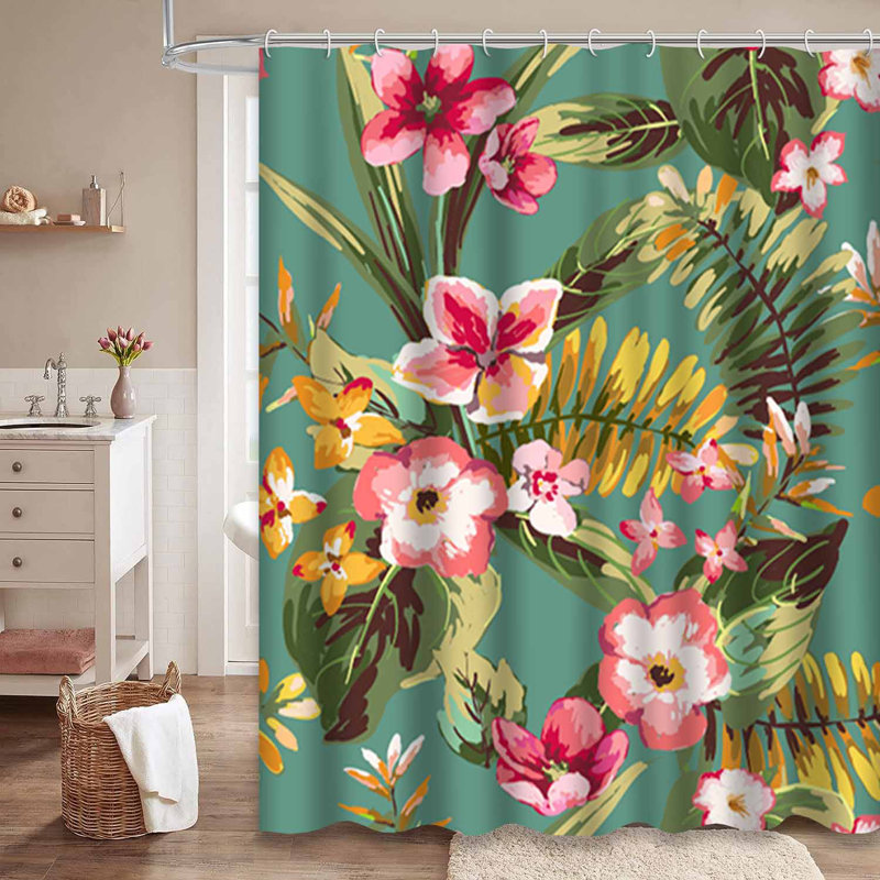 Rideau de douche imperméable à motif de fleurs de plage tropicale rétro avec 12 crochets, L 72 po x l 84 po