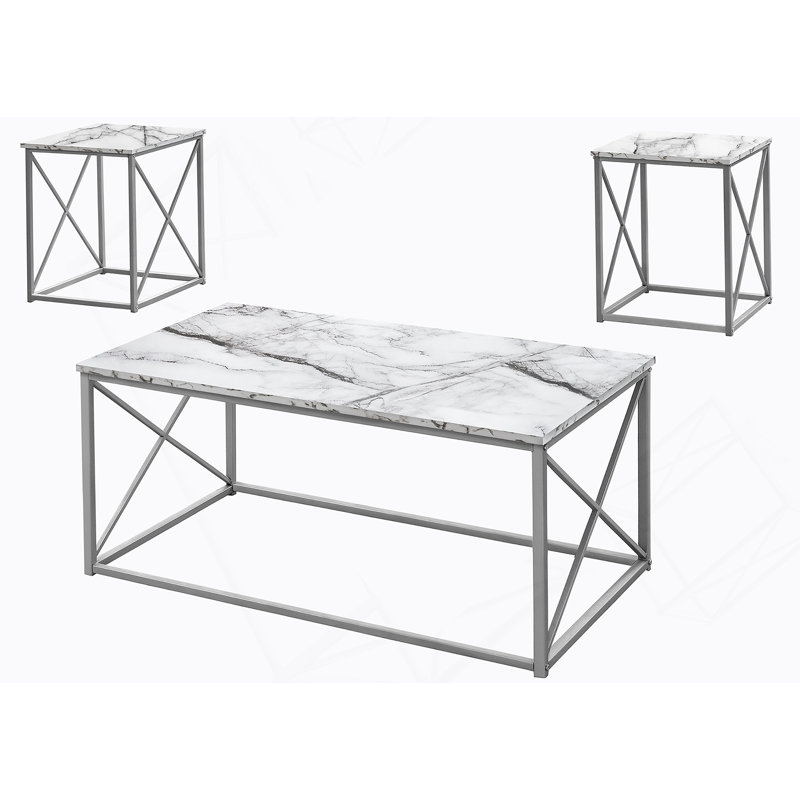Ensemble de table, table basse, bout, côté, décor, salon, stratifié aspect marbre blanc, métal gris, Blanc / Gris, Argent