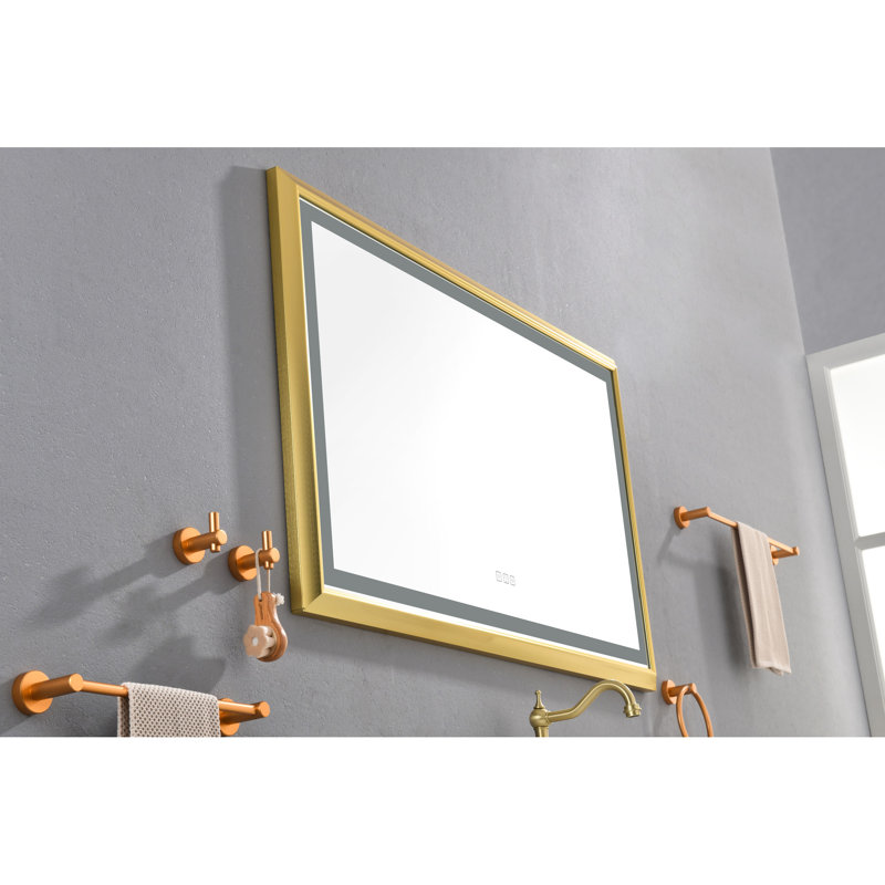 Miroir de salle de bain 48 po x 30 po en aluminium avec brouillard, mémoire, 3 couleurs, réglage continu de la luminosité, apparence exquise, cadre mural en or brossé, artisanat,