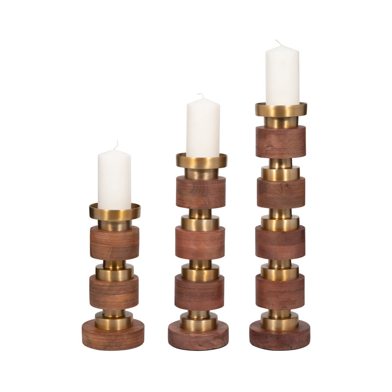 Ensemble de 3 bâtonnets de bougie en bois Foxx Modern Neutre Hollis - 6 po x 6 po x 22 po, Brun / laiton