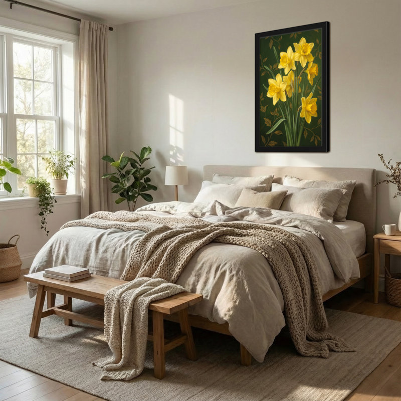 Plantes et fleurs jonquilles jaunes sur fond vert foncé, H 12 po x l 18 po