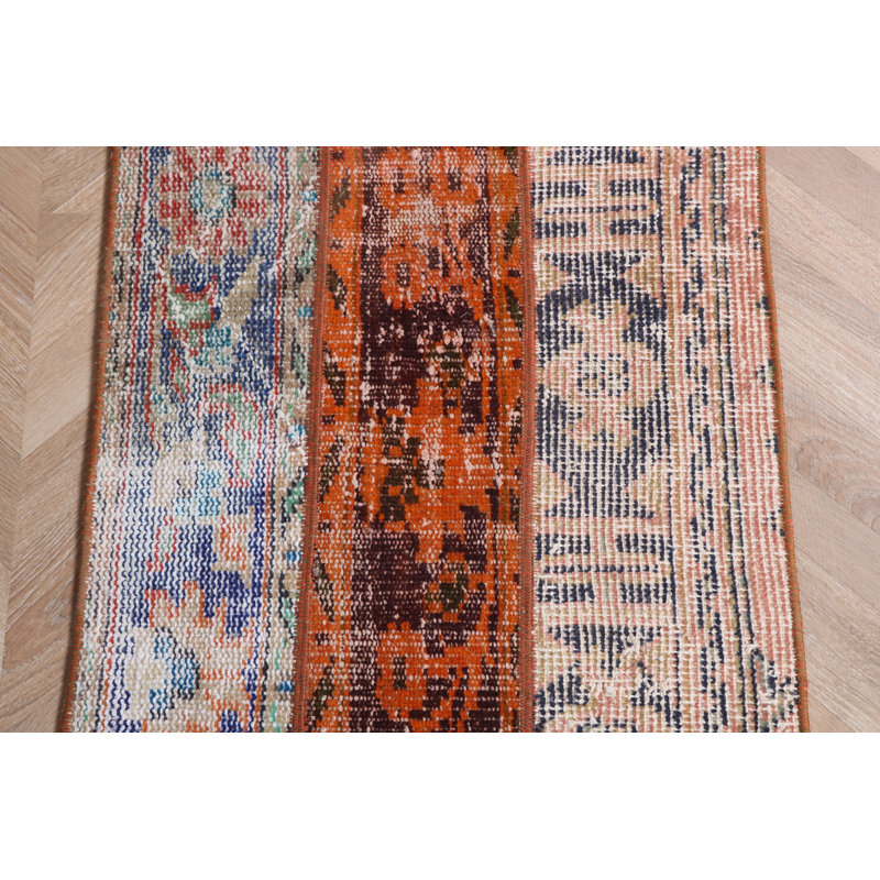 Vintage Tribal Ethnic Orange Wool Door Mat Provides Antique Turkish Patchwork for Kitchen