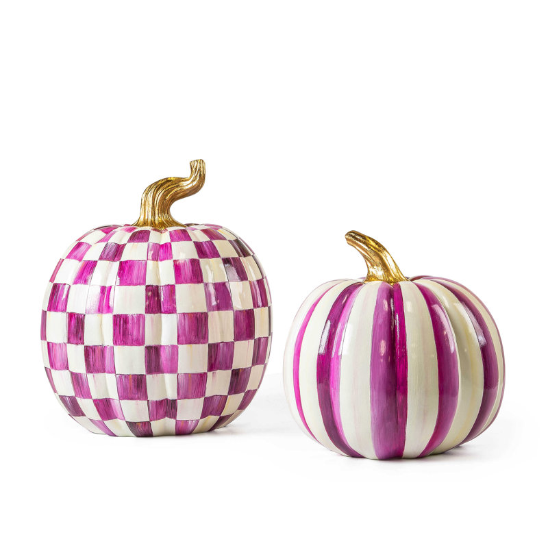 Check Large Pumpkin Decorative Accent, Sterling/White/Gold, 15" H x 10" W x 10" D