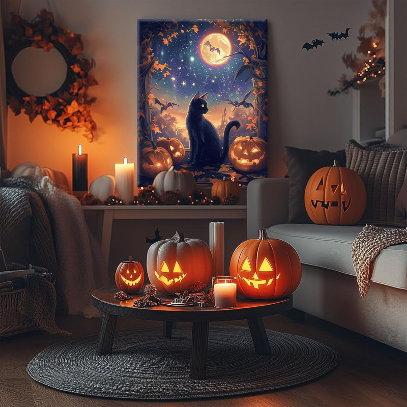  Halloween, décoration murale, lune de sang, chat noir, citrouille, lanterne et chauves-souris, H 14 po x l 11 po