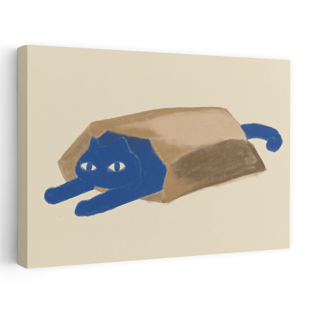Blue Cat In A Bag Playful Whimsical Contemporary Cat Wall Art Print