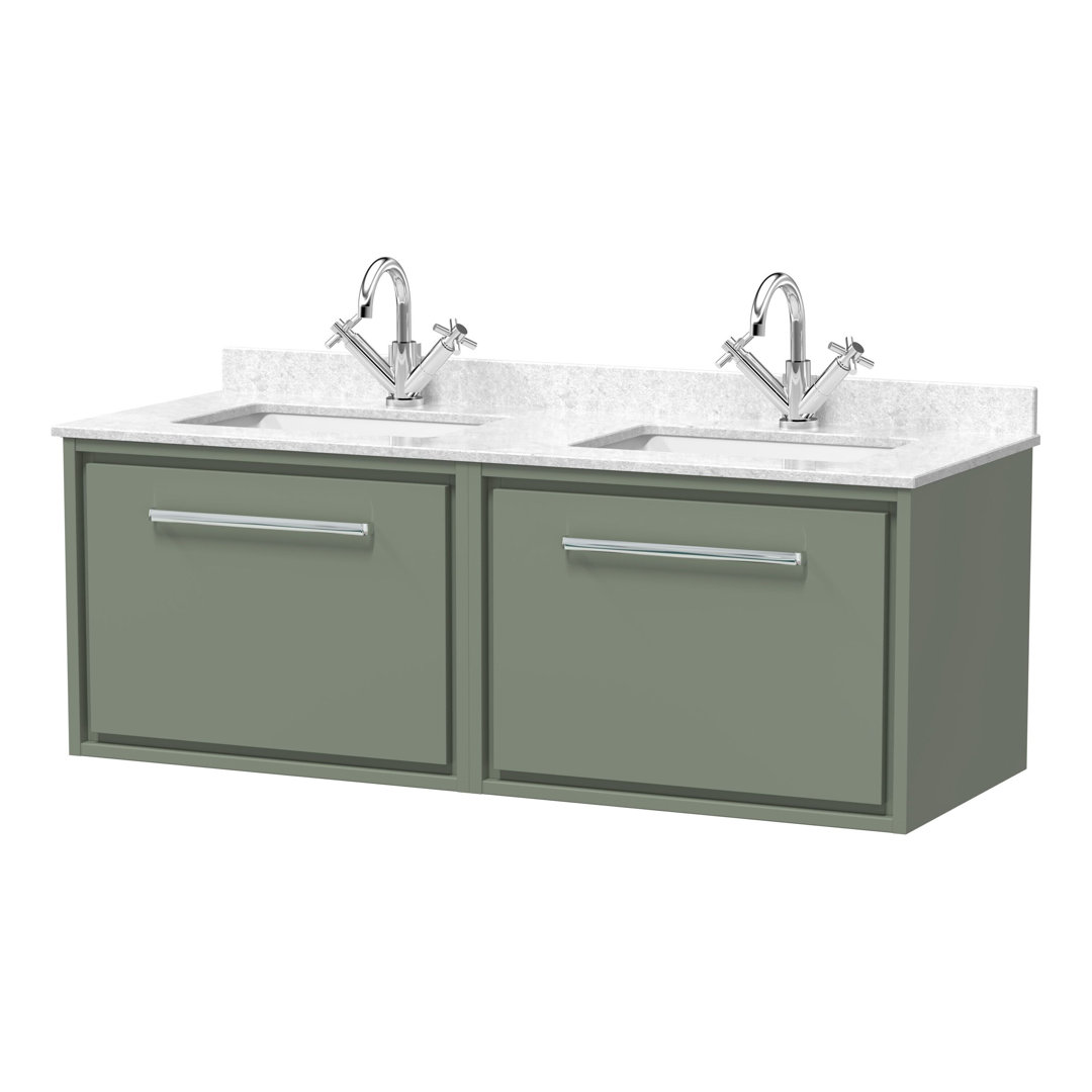 Hudson Reed Lille 1200mm Coastal Grey Woodgrain 2 Drawer Wall Hung Vanity With Twin Marble Basin